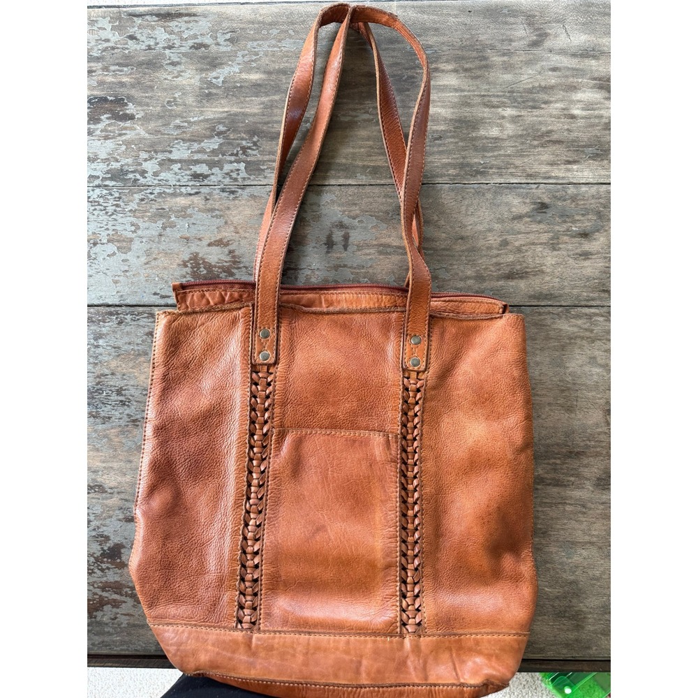 Millenca Tan Leather Woven Detail Tote Bag Bohemian Shoulder Bag Cognac Handbag